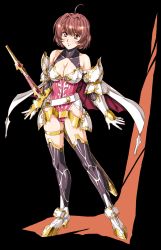 Rule 34 | 1girl, absurdres, ahoge, bare shoulders, betty (langrisser), black background, breasts, brown eyes, brown hair, cleavage, full body, highres, langrisser, large breasts, looking at viewer, official art, sheath, sheathed, short hair, simple background, smile, solo, standing, sword, thigh strap, thighhighs, urushihara satoshi, weapon
