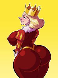 Rule 34 | 1girl, artist request, ass, blonde hair, blue eyes, breasts, crown, dress, female focus, highres, hilling (ousama ranking), huge ass, large breasts, looking at viewer, looking back, mature female, nipples, ousama ranking, pointy nose, queen, royal robe, short hair, smile, solo, source request