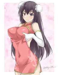 Rule 34 | 1girl, alternate costume, artist name, border, breasts, brown eyes, brown hair, china dress, chinese clothes, closed mouth, covered navel, dated, double bun, dress, elbow gloves, gakky, gloves, hair between eyes, hair bun, hip vent, kantai collection, large breasts, long hair, looking at viewer, nagato (kancolle), one-hour drawing challenge, raised eyebrows, red dress, solo, very long hair, white border, white gloves
