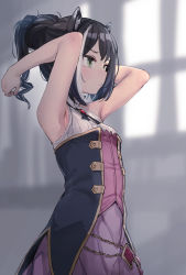 Rule 34 | 1girl, alternate hairstyle, animal ear fluff, animal ears, armpit focus, armpits, arms up, bee (deadflow), black coat, black hair, blush, breasts, cat ears, cat girl, chain, closed mouth, coat, corset, cowboy shot, day, dress, from side, green eyes, hair bun, highres, indoors, jewelry, karyl (princess connect!), medium hair, multicolored hair, pendant, pink skirt, ponytail, pov armpits, princess connect!, single hair bun, skirt, sleeveless, small breasts, solo, streaked hair, sunlight, two-tone hair, waistcoat, white dress, white hair, window