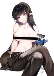 Rule 34 | 1girl, absurdres, areola slip, arknights, artist name, bar censor, bare shoulders, bird, black gloves, black hair, black pants, blue eyes, breasts, censored, collarbone, commentary request, crossed legs, ear piercing, eunectes (arknights), eunectes (forgemaster) (arknights), feet out of frame, gloves, halterneck, head tilt, high priest (arknights), highres, id card, kitere, large breasts, long hair, looking at viewer, navel, official alternate costume, pants, parted lips, piercing, pointy ears, smile, snake tail, solo, standing, stomach, tail, topless