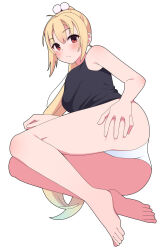 Rule 34 | 1girl, :/, arihara nanami, armpit crease, ass, bare arms, bare legs, barefoot, black shirt, blonde hair, blush, closed mouth, commentary, eyes visible through hair, foreshortening, from behind, frown, full body, hair between eyes, hand on own thigh, highres, long hair, looking at viewer, lying, official alternate hairstyle, on side, panties, ponytail, red eyes, riddle joker, shirt, shy, simple background, sleeveless, sleeveless shirt, solo, split mouth, straight hair, sweatdrop, symbol-only commentary, thighs, toes, underwear, very long hair, white background, white panties, zlmh7okwwbmghfo