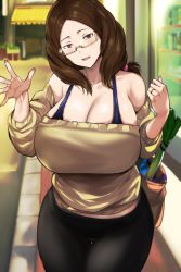 Rule 34 | 1girl, bag, bare shoulders, blush, breasts, brown eyes, brown hair, cafekun, cleavage, glasses, grocery bag, hands up, jewelry, large breasts, long sleeves, looking at viewer, mature female, medium hair, off-shoulder sweater, off shoulder, original, outdoors, ring, shopping bag, smile, solo, spring onion, sweater, waving