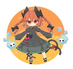 Rule 34 | 1girl, :3, animal ears, black bow, blush, bow, braid, cat ears, cat tail, chibi, dress, floating skull, full body, hair bow, hitodama, kaenbyou rin, long hair, long sleeves, looking at viewer, multiple tails, nekomata, one-hour drawing challenge, red eyes, red hair, ribbon, simple background, solo, tail, touhou, twin braids, two tails, v-shaped eyebrows, yaco (nuitnotte)