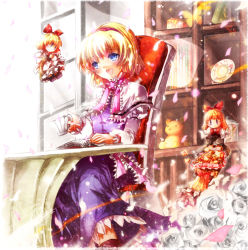 Rule 34 | 4girls, alice margatroid, aquamarine, blonde hair, blue eyes, book, capelet, cup, doll, female focus, flower, hairband, indoors, multiple girls, open mouth, petals, plant, shanghai doll, sitting, solo, stuffed animal, stuffed toy, teacup, teddy bear, touhou