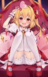 Rule 34 | 1girl, :d, ascot, blonde hair, commentary request, couch, crystal, fang, flandre scarlet, garter straps, hair between eyes, heart, highres, holding, holding wand, long hair, looking at viewer, miy@, no headwear, on couch, open mouth, pointy ears, red eyes, red footwear, shoes, short sleeves, side ponytail, sitting, smile, solo, thighhighs, touhou, wand, white thighhighs, wings, wrist cuffs, yellow ascot