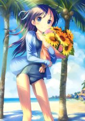 Rule 34 | 1girl, absurdres, beach house, blush, bouquet, day, flower, hair ribbon, highres, hood, hoodie, hugging object, old school swimsuit, one-piece swimsuit, open clothes, open hoodie, original, palm tree, ribbon, school swimsuit, smile, solo, standing, sunflower, swimsuit, swimsuit under clothes, takoyaki (roast), tree