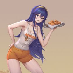 Rule 34 | 1girl, :d, bare shoulders, blue eyes, blue hair, breasts, chicken (food), cleavage, collarbone, contrapposto, fire emblem, fire emblem awakening, food, hand on own hip, highres, holding, holding tray, hooters, lesu, long hair, looking at viewer, lucina (fire emblem), nintendo, no legwear, open mouth, orange shorts, short shorts, shorts, simple background, small breasts, smile, solo, tank top, thighs, tiara, tray, very long hair, white tank top