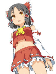 Rule 34 | 1girl, ascot, benjamin button suukina jinsei, black hair, blush stickers, bow, breasts, commentary request, cookie (touhou), cowboy shot, detached sleeves, frilled bow, frilled skirt, frills, from below, hair bow, hair tubes, hakurei reimu, japanese clothes, long sleeves, medium breasts, midriff, miko, navel, open mouth, red bow, ribbon-trimmed skirt, ribbon-trimmed sleeves, ribbon trim, sananana (cookie), short hair, sidelocks, simple background, skirt, solo, stomach, touhou, white background, yellow eyes