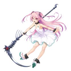 Rule 34 | 1girl, action taimanin, bare legs, breasts, demon girl, dress, felicia (taimanin kurenai), female focus, full body, highres, holding, holding scythe, holding weapon, jumping, lilith-soft, long hair, looking at viewer, official art, open mouth, pink hair, pointy ears, red eyes, scythe, small breasts, smile, solo, taimanin (series), taimanin kurenai, taimanin rpgx, twintails, very long hair, weapon, white dress, zol