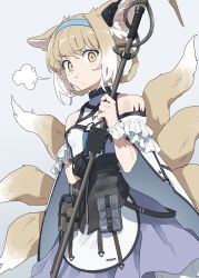 Rule 34 | 1girl, :t, absurdres, animal ear fluff, animal ears, apron, arknights, bare shoulders, black gloves, blouse, blue hairband, blush, braid, braided hair rings, breasts, brown eyes, brown hair, closed mouth, commentary request, drawdrawdeimos, fox ears, fox girl, fox tail, gloves, gradient hair, grey background, hair rings, hairband, highres, holding, infection monitor (arknights), kitsune, looking at viewer, material growth, multicolored hair, oripathy lesion (arknights), pout, purple skirt, shirt, simple background, single glove, skirt, small breasts, solo, suzuran (arknights), tail, twin braids, waist apron, white apron, white hair, white shirt