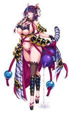 Rule 34 | 1girl, absurdres, armlet, bikini, blush, bra, breasts, cleavage, clothes lift, curvy, fingerless gloves, full body, gloves, hair ornament, hair over one eye, highleg, highleg panties, highres, horns, kururi fuyutsuki, large breasts, lifted by self, lilith-soft, mask, mask on head, nail polish, navel, official art, oni horns, panties, parted lips, pink bikini, pink bra, pink nails, pink panties, pink toenails, platform footwear, pointy ears, purple hair, revealing clothes, saijou satoru, shiny skin, showgirl skirt, sideboob, simple background, single thighhigh, skindentation, skirt, skirt lift, smile, solo, standing, swimsuit, tail, taimanin (series), taimanin rpgx, thigh strap, thighhighs, thong, underboob, underwear, white background, yellow eyes