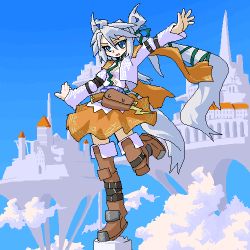 Rule 34 | bag, blue eyes, boots, city, long hair, long sleeves, lowres, mof, mof&#039;s silver haired twintailed girl, oekaki, original, outdoors, silver hair, skirt, solo, twintails, very long hair