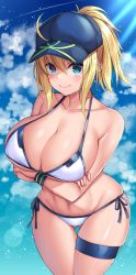 Rule 34 | 1girl, ahoge, artoria pendragon (fate), bare shoulders, baseball cap, bikini, blonde hair, blue eyes, blue hat, blue sky, blush, breast hold, breasts, cleavage, closed mouth, collarbone, crossed arms, day, fate/grand order, fate (series), hair between eyes, hair through headwear, hat, highres, hip focus, large breasts, long hair, looking at viewer, mysterious heroine x (fate), mysterious heroine xx (fate), nano (syoutamho), navel, ponytail, side-tie bikini bottom, sky, smile, solo, swimsuit, thigh strap, thighs, white bikini, wide hips, wristband