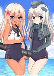 Rule 34 | 10s, 2girls, bad id, bad twitter id, blonde hair, blue eyes, blush, covered navel, crop top, day, dual persona, flower, hair flower, hair ornament, hat, headgear, kantai collection, long hair, looking at viewer, multiple girls, neckerchief, one-piece swimsuit, open mouth, outdoors, ro-500 (kancolle), rouka (akatyann), school swimsuit, school uniform, serafuku, silver hair, sky, sleeveless, swimsuit, swimsuit under clothes, tan, tanline, torpedo, u-511 (kancolle), wading, water