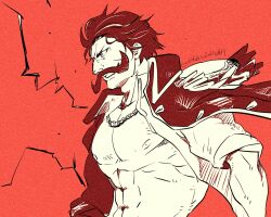 Rule 34 | 1boy, 2021, coat, collared shirt, commentary request, dated, electricity, epaulettes, facial hair, floating clothes, gol d. roger, jewelry, looking ahead, male focus, mustache, necklace, ohthekin, one piece, open clothes, open shirt, red shirt, red theme, shirt, short hair, sleeves rolled up, smile, solo, twitter username, upper body