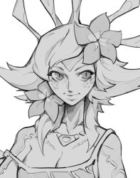 Rule 34 | 1girl, breasts, cleavage, closed mouth, collarbone, flipped hair, flower, freckles, grey background, greyscale, hair flower, hair ornament, highres, jewelry, large breasts, league of legends, looking at viewer, medium hair, monochrome, necklace, neeko (league of legends), portrait, reagan long, simple background, slit pupils, smile, solo, tank top, upper body