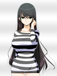 Rule 34 | 1girl, black hair, breasts, collarbone, curvy, dress, durarara!!, female focus, green eyes, highres, huge breasts, impossible clothes, large breasts, long hair, looking at viewer, prison clothes, shuz (dodidu), smile, solo, striped, sweater, sweater dress, taut clothes, very long hair, yagiri namie
