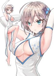 Rule 34 | 1girl, :o, anastasia (idolmaster), aqua eyes, arm up, armpits, arms up, bare legs, blush, breasts, china dress, chinese clothes, cleavage, dress, elbow gloves, flower knot, gloves, hair ornament, highres, idolmaster, idolmaster cinderella girls, leg up, looking at viewer, looking away, medium breasts, multiple views, open mouth, parted lips, pelvic curtain, rum raisin (chihiromakita19), short hair, silver hair, simple background, sleeveless, sleeveless dress, standing, standing on one leg, tassel, v-shaped eyebrows, white background, white dress, white footwear, white gloves