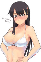 Rule 34 | 1girl, between breasts, black eyes, black hair, blush, bra, breasts, cleavage, female focus, glasses, hair ornament, hairclip, hands on own hips, large breasts, lingerie, long hair, navel, ryo (liver sashi daisuki!), solo, standing, translated, underwear, underwear only