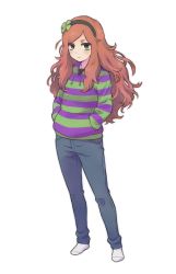 Rule 34 | 1girl, 4chan, bags under eyes, brown hair, clover, denim, female focus, four-leaf clover, freckles, full body, green eyes, hairband, hands in pockets, highres, hood, hoodie, jeans, long hair, looking at viewer, no shoes, pants, red hair, sidelocks, simple background, socks, solo, standing, striped clothes, striped hoodie, sweater, swept bangs, vivian james, white background, yahlantykan