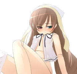 Rule 34 | 00s, 1girl, arm support, bare arms, bare shoulders, blush, brown hair, doll joints, embarrassed, flat chest, green eyes, head scarf, heterochromia, joints, leaning back, long hair, looking at viewer, neck ribbon, red eyes, ribbon, rozen maiden, simple background, skirt, skirt around one leg, sleeveless, solo, suiseiseki, very long hair, white background