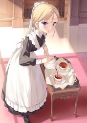 Rule 34 | 1girl, apron, blonde hair, blue eyes, cup, holding, ina (inadahime), looking at viewer, maid, maid apron, maid headdress, original, solo, table, tea, teacup, teapot