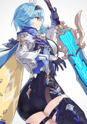 Rule 34 | 1girl, black gloves, black shorts, blue cape, blue hair, cape, closed mouth, clothing cutout, commentary, eula (genshin impact), expressionless, feet out of frame, genshin impact, gloves, greatsword, high-waist shorts, highres, holding, holding sword, holding weapon, long sleeves, medium hair, profile, purple eyes, shirt, shorts, shoulder cutout, simple background, solo, song of broken pines (genshin impact), sword, thigh strap, thighs, two-tone cape, vision (genshin impact), weapon, white background, white shirt, yagi2013, yellow cape