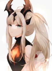 Rule 34 | 1girl, absurdres, alternate hairstyle, arknights, bare shoulders, black dress, blue eyes, commentary, dress, grey background, gupipy, highres, horns, long hair, off shoulder, parted lips, ponytail, reed (arknights), sidelocks, silver hair, simple background, solo, upper body