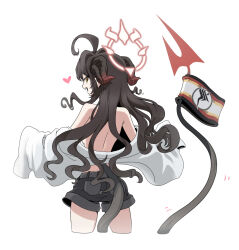 Rule 34 | 1girl, ahoge, back, black hair, black horns, black shorts, black tail, blue archive, breasts, coat, cropped legs, demon horns, demon tail, from behind, halo, heart, highres, horns, kasumi (blue archive), lab coat, long hair, open mouth, red halo, riffle hunter, shorts, simple background, small breasts, solo, tail, white background, white coat, yellow eyes