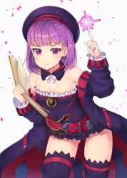 Rule 34 | 1girl, :3, absurdres, bare shoulders, belt, blush, book, breasts, closed mouth, coat, detached collar, fate/grand order, fate (series), helena blavatsky (fate), helena blavatsky (third ascension) (fate), highres, holding, holding book, index finger raised, leaning forward, looking at viewer, miniskirt, open clothes, open coat, purple eyes, purple hair, rangen, ribbed legwear, short hair, simple background, skirt, small breasts, smile, solo, thighhighs, thighs, white background