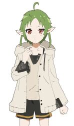 Rule 34 | 1girl, ahoge, black shorts, elf, green hair, hand up, hood, hooded jacket, jacket, looking at viewer, mushoku tensei, pointy ears, red eyes, shirt, short hair, shorts, simple background, solo, sylphiette (mushoku tensei), tt17221722, white background, white jacket, white shirt