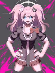 Rule 34 | 1girl, :d, artist name, bad hands, bear hair ornament, black background, black bra, black necktie, black shirt, blue eyes, bra, breasts, cleavage, collarbone, cropped legs, danganronpa: trigger happy havoc, danganronpa (series), enoshima junko, hair ornament, highres, large breasts, legs apart, long hair, looking at viewer, miniskirt, nail polish, necktie, open mouth, pink background, pleated skirt, red nails, red skirt, shirt, short sleeves, skirt, smile, solo, teeth, tongue, twintails, ultimate gouda (gouda011), underwear, upper teeth only, white background, white necktie