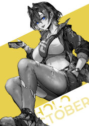 1girl :p absurdres alternate_costume blue_eyes bracelet breasts cellphone commentary crop_top earrings english_commentary fanny_pack greyscale_with_colored_background hair_between_eyes hair_intakes hand_in_pocket highres holding holding_phone hololive hololive_english jacket jewelry large_breasts looking_at_viewer navel open_clothes open_jacket open_mouth ouro_kronii pantyhose phone piercing revision shoes short_hair shorts sitting sleeves_rolled_up smartphone sneakers solo spot_color stud_earrings teeth tongue tongue_out tongue_piercing torn_clothes torn_pantyhose two-tone_background upper_teeth_only virtual_youtuber vyragami watch white_background wristwatch yellow_background