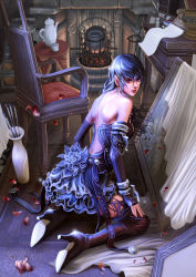 Rule 34 | 1girl, antilous, arm warmers, armchair, backless dress, backless outfit, bare shoulders, bed sheet, black dress, black footwear, black hair, black thighhighs, blue hair, boots, bowl, brush, carpet, cauldron, chair, dress, earrings, elf, fireplace, flower, full body, high heel boots, high heels, highres, indoors, ink bottle, jewelry, kneeling, long hair, looking at viewer, looking back, monster girl, original, painting (object), paper, parted lips, pectorals, petals, pointy ears, pot, quill, red eyes, shoe soles, solo, table, tablecloth, teapot, thigh boots, thighhighs, vampire, vase, zettai ryouiki