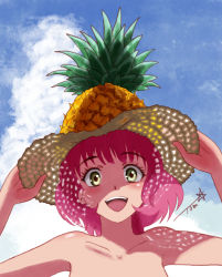 Rule 34 | 1girl, :d, adjusting clothes, adjusting headwear, aries spring, bare shoulders, blue sky, chutohampa, cloud, dappled sunlight, day, female focus, food, fruit, green eyes, hat, heterochromia, kanata no astra, looking at viewer, open mouth, outdoors, pineapple, pink hair, portrait, short hair, sky, smile, solo, straw hat, sun hat, sunlight, yellow eyes