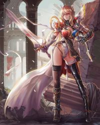 Rule 34 | 1girl, armor, asymmetrical clothes, bandages, black thighhighs, blonde hair, breasts, castle, cleavage, dantewontdie, full body, garter straps, gauntlets, lace, lace-trimmed legwear, lace trim, large breasts, legs, red eyes, solo, standing, sword, thighhighs, thighs, weapon