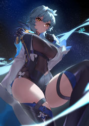 Rule 34 | 1girl, absurdres, black bodysuit, black footwear, black gloves, blue hair, bodysuit, boots, darling0221, eula (genshin impact), genshin impact, gloves, hand up, highres, looking at viewer, short hair, snowflakes, solo, thigh boots, thighs, yellow eyes