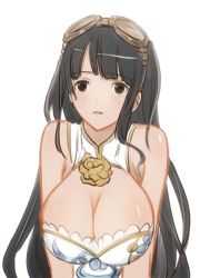 Rule 34 | 10s, 1girl, bare shoulders, black eyes, black hair, breasts, brown eyes, china dress, chinese clothes, cleavage, cleavage cutout, clothing cutout, covered erect nipples, dress, female focus, flower, goggles, goggles on head, granblue fantasy, huge breasts, jessica (granblue fantasy), large breasts, long hair, open mouth, pupps, rose, simple background, sleeveless, sleeveless dress, smile, solo, upper body, very long hair, white background, white dress, yellow flower, yellow rose