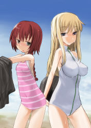 Rule 34 | 00s, 2girls, aqua eyes, ball, blonde hair, blue eyes, braid, breast envy, breasts, darker than black, dressing, flat chest, frown, highres, large breasts, long hair, multiple girls, nabeyu, one-piece swimsuit, red hair, single braid, striped clothes, striped one-piece swimsuit, suou pavlichenko, swimsuit, tanya (darker than black), tanya akulova, wet, zipper