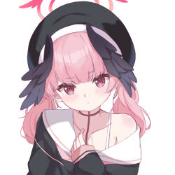 Rule 34 | 1girl, beret, black hat, black wings, blue archive, blunt bangs, blush, closed mouth, collarbone, cram960, dot nose, feathered wings, halo, hand on own chest, hat, head tilt, head wings, highres, koharu (blue archive), long sleeves, looking at viewer, pink eyes, pink hair, pink halo, sailor collar, shirt, simple background, single bare shoulder, single off shoulder, sleeves past wrists, solo, spaghetti strap, twintails, upper body, v-shaped eyebrows, white background, white sailor collar, white shirt, winged halo, wings
