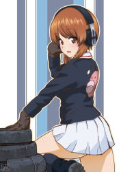 Rule 34 | 10s, 1girl, ass, bad id, bad pixiv id, blush, boots, brown hair, female focus, genso, girls und panzer, gloves, hatch, headphones, leg up, looking back, miniskirt, nishizumi miho, open mouth, short hair, skirt, smile, solo