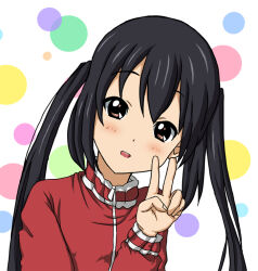 Rule 34 | 1girl, black hair, blush, head tilt, jacket, k-on!, long hair, looking at viewer, maabe, nakano azusa, open mouth, solo, track jacket, track suit, twintails, v