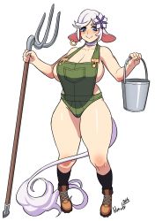 Rule 34 | 1girl, :&gt;, absurdres, animal ears, bare shoulders, blue eyes, blush, boots, breasts, bucket, cleavage, cow ears, cow girl, cow tail, flower, full body, hair flower, hair ornament, highres, holding, holding pitchfork, huge breasts, lilirulu, looking at viewer, naked overalls, original, overalls, pitchfork, short hair, short shorts, shorts, sideboob, simple background, smile, solo, standing, tail, thick thighs, thighs, white background, white hair