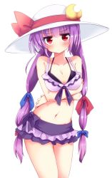Rule 34 | &gt;:/, 1girl, :/, aoi (annbi), bikini, bikini skirt, blush, breasts, cleavage, cowboy shot, crescent, crescent hair ornament, front-tie top, hair ornament, hat, highres, jitome, long hair, looking at viewer, maturiuta sorato, medium breasts, navel, patchouli knowledge, pink eyes, purple eyes, shy, solo, sun hat, swimsuit, touhou, v-shaped eyebrows, very long hair