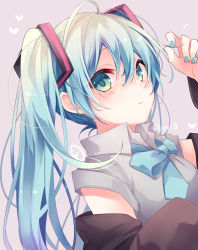 Rule 34 | 1girl, ahoge, arm up, black sleeves, blue bow, blue hair, blue nails, blush, bow, closed mouth, collared shirt, commentary request, detached sleeves, green eyes, grey background, grey shirt, hair between eyes, hatsune miku, heart, holding, holding hair, kuroi (liar-player), long hair, long sleeves, nail polish, shirt, simple background, sleeveless, sleeveless shirt, solo, twintails, twitter username, upper body, very long hair, vocaloid