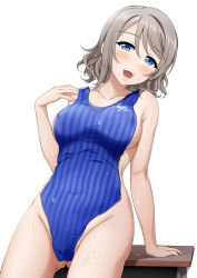 Rule 34 | 1girl, :d, blue eyes, blue one-piece swimsuit, blush, breasts, character name, clothes writing, collarbone, competition swimsuit, covered erect nipples, covered navel, covering privates, cowboy shot, grey hair, hair between eyes, hair ornament, head tilt, large breasts, looking at viewer, love live!, love live! sunshine!!, miel (lessontome), nude cover, one-piece swimsuit, open mouth, short hair, simple background, sitting, smile, solo, striped clothes, striped one-piece swimsuit, swept bangs, swimsuit, teeth, unworn swimsuit, upper teeth only, vertical stripes, watanabe you, wavy hair, wet, white background