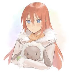 Rule 34 | 1girl, blue eyes, blush, brown coat, closed mouth, coat, commentary request, cropped torso, fur trim, hair between eyes, highres, holding, holding stuffed toy, hug, long hair, looking at viewer, mokomoko (rune factory), orange scarf, red hair, rune factory, rune factory 3, scarf, simple background, solo, stuffed animal, stuffed sheep, stuffed toy, tanabe rf, toona, upper body, white background