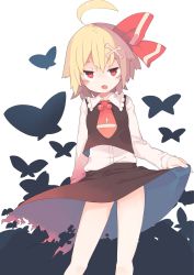 Rule 34 | 1girl, ahoge, akimaki yuu, blonde hair, blush, bug, butterfly, hair ribbon, highres, insect, long sleeves, necktie, open mouth, red eyes, ribbon, rumia, shirt, short hair, skirt, skirt hold, skirt set, solo, torn clothes, torn skirt, touhou, upskirt, vest, white background