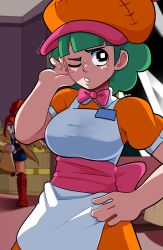 Rule 34 | 2girls, absurdres, apron, boots, bow, bowtie, coat, delatoid, freckles, ghost trick, green hair, hand on own hip, hand up, hat, high ponytail, highres, indoors, lynne (ghost trick), memry, multiple girls, one eye closed, orange hat, parted lips, pink bow, pink bowtie, red eyes, red footwear, short hair, short sleeves, signature, square pupils, white apron, window, yellow coat